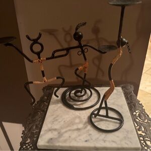Black Metal Tribal Figurine Candle Holder Set with Tan Wrap Accents
